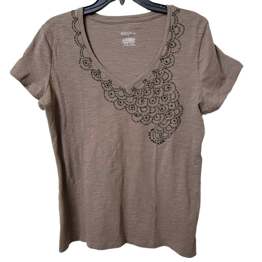 Merona Shirt Womens Medium v neck short sleeve brown 100% cotton with beads